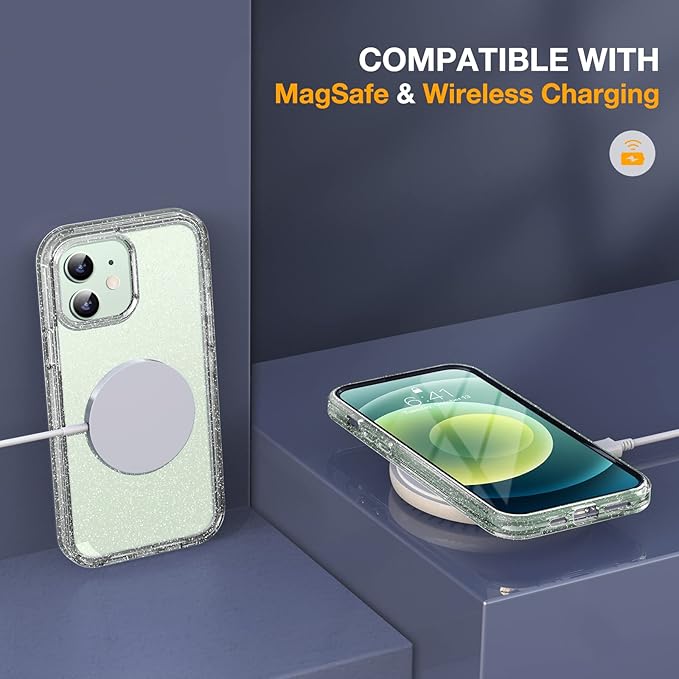 Miracase Glass Series for iPhone 12/12 Pro - Full-Body Rugged Protective Case with Built-in 9H Tempered Glass Screen Protector and Camera Lens Protector - Glitter Clear