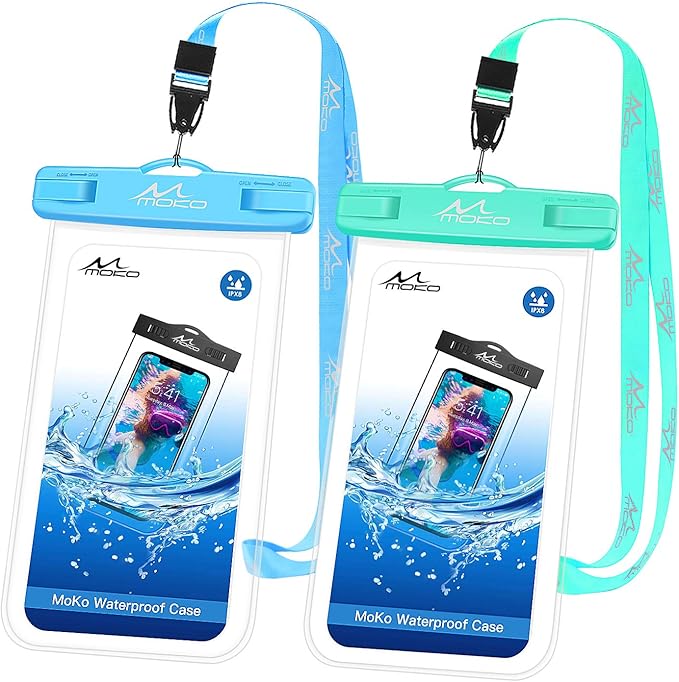 MoKo Waterproof Phone Pouch 2Pack, Underwater Phone Case Dry Bag with Lanyard Compatible with iPhone 16 14 13 12 11 Pro Max X/Xr/Xs Max/SE 3, Samsung S21/S10/S9, Note 10/9/8