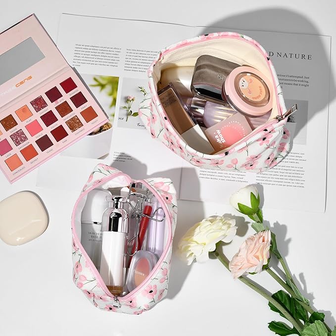 2 Pieces Flower Makeup Bag Large Floral Cosmetic Bag Capacity Canvas Mix Travel Toiletry Bag Organizer Cute Makeup Brushes Aesthetic Accessories Storage Bag for Women, Flower Mix Pink