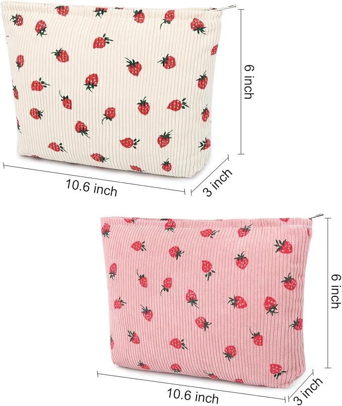 2 Pcs Cute Makeup Bag Large Cosmetic Bag Toiletry Bag Makeup Pouch Travel Bag Organizer Cute Makeup Brushes Aesthetic Accessories Storage Bag for Women Strawberry Pink Beige