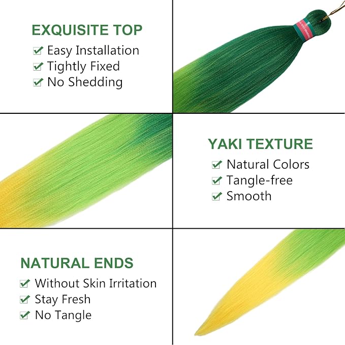 Ombre Green Yellow Pre stretched Braiding Hair 2 Packs Pre feathered Braid Hair Extensions 30 Inches Hair Braids