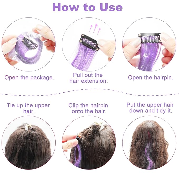 10 PCS Light Purple Hair Extensions Clip-In, Curly Wavy Synthetic Hairpieces Clip in Rainbow Neon Party Highlights, Colorful Hair Accessories for Kids Girls Women 17 inch (Light Purple)
