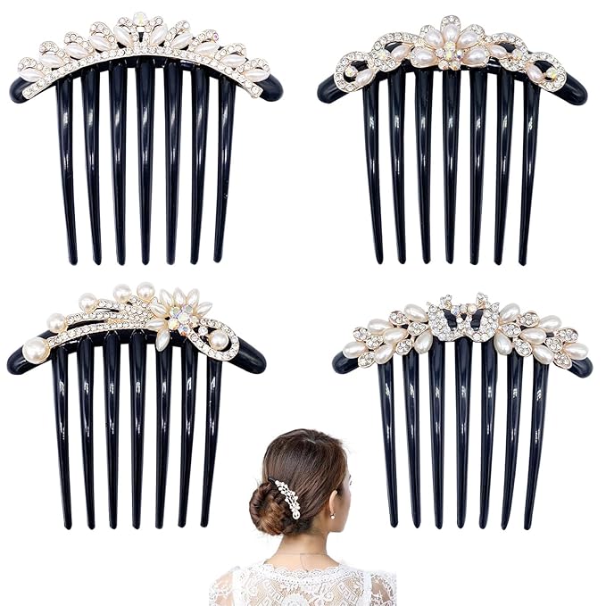 4 Pcs Pearls Side Comb for Women and Girls - Rhinestones Flower Hair Combs Pins Accessories - Vintage Wedding Headpieces Tools - Daily Present