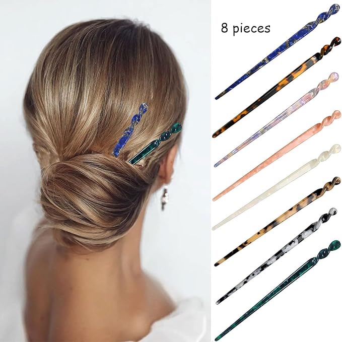 8 Pieces Acetate Hair Sticks Leopard Print Hair Pins, Tortoise Shell Hairpin Vintage Hair Chopsticks Retro Hairpins Disk, Hair Accessories for Women Girls