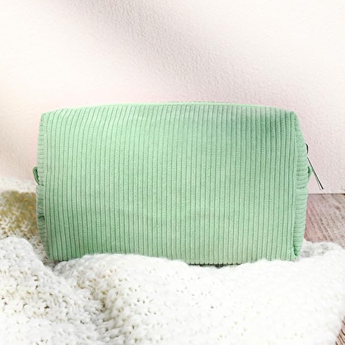 2 Pcs Corduroy Makeup Bag Large Cosmetic Bag Toiletry Bag Makeup Pouch Travel Bag Organizer Cute Makeup Brushes Aesthetic Accessories Storage Bag for Women Green