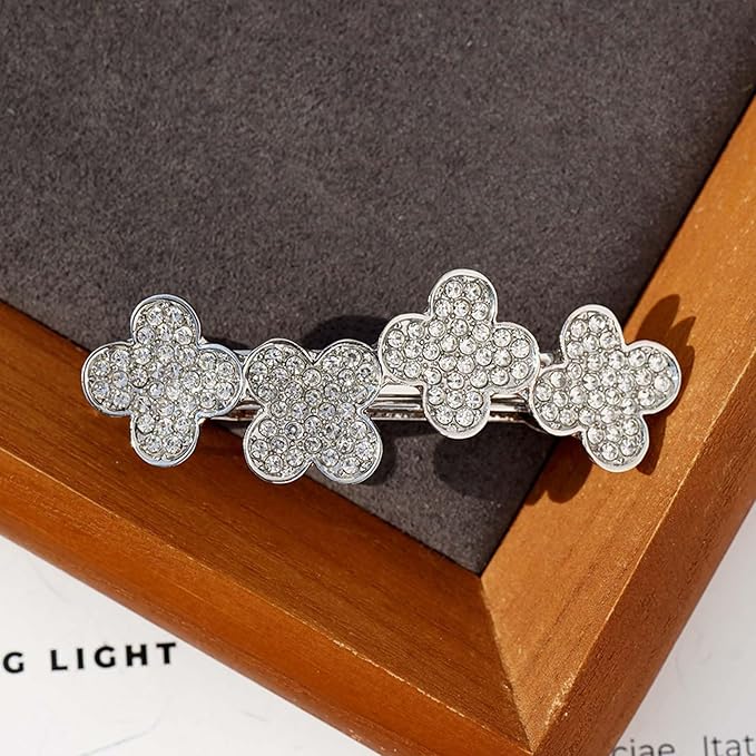 Boho Rhinestone Flower Hair Clip Crystal Floral Cluster Hairpin Barrette Silver Four-leaf Clover Non-Slip Geometric Hair Barrettes Wedding Headpiece Hair Styling Accessories for Women Girls
