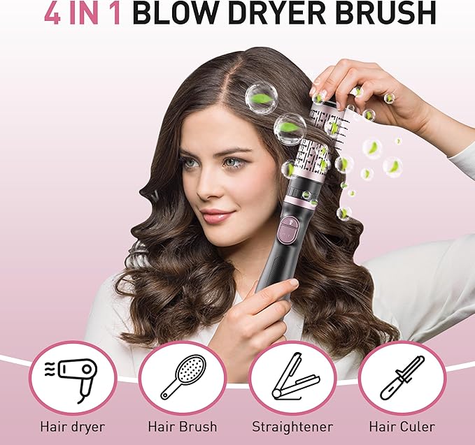 3-in-1 Rotating Hair Dryer Brush Blow Dryer with Interchangeable Heads, Hair Styling Tools for Straightening/Drying/Curling, Spinning Thermal Brush Blowout Set for Long Hair, Rose Gold