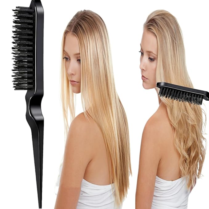 5Pcs Slick Hair Brush Set with 2Pcs Topsy Hair Tail Tool 1Pcs Bristle Teasing Hair Brushes 1Pcs Edge Brush 1Pcs Rat Tail Comb Woman,Girls,Hair Flyaways Styling,Edge&Back Combing biack