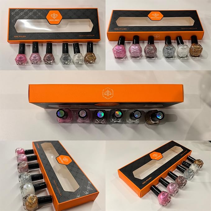 modelones Nail Polish, 6 Colors Summer Pink Gold Glitter Silvery Pearl Clear Quick Dry Mini Starter Set, Long Lasting Art DIY Manicure Kit at Home for Women Girls Wedding Gifts