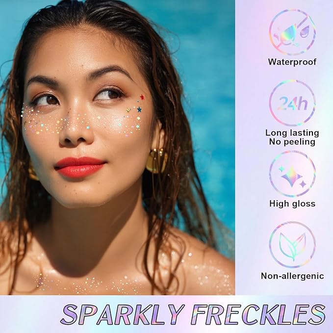 Glitter freckles, Holographic Face and Body Glitter Tattoo Sparkle for Women Gold Glow Cosmetic Star Makeup Accessories 6pcs for Festival Rave