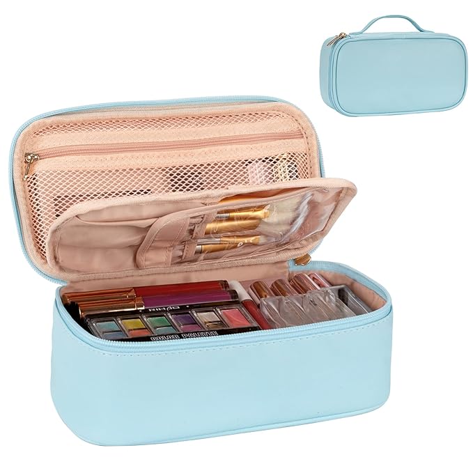 OCHEAL Small Makeup Bag,Portable Cute Travel Makeup Bag Pouch for Women Girls Makeup Brush Organizer Cosmetics Bags with Compartment-Lake Blue