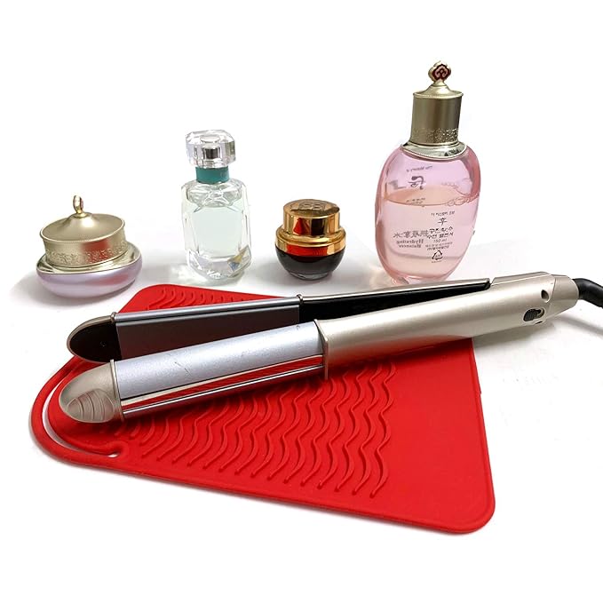 Flat Iron Travel Mat, Curling Iron Counter Protector with Heat Resistant Glove for Curling Irons, Hair Straightener, Flat Irons and Hair Styling Tools, 9” x 6.5”, Red
