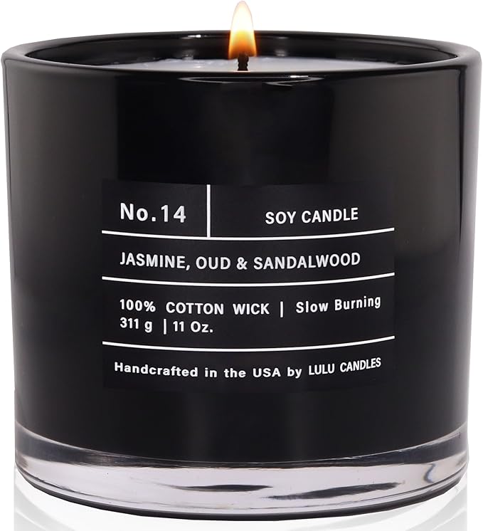 Lulu Candles | Jasmine, Oud & Sandalwood | Luxury Scented Soy Jar Candle | Hand Poured in The USA | Highly Scented & Long Lasting (11 Oz.)