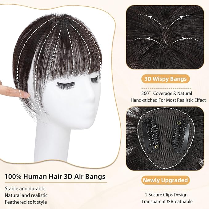 NAYOO Clip in Bangs-Brown Black Human Hair 360° Cover Wipsy Bangs Hair for Women, 2 Secure Clips in Full Fringe Hair Toppers for Women Girls Daily Wear (Brown Black)