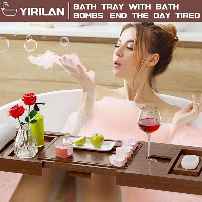 Yirilan Bathtub Caddy Tray, Foldable Bathroom Tray with Extending Side, and Waterproof Fabric Bookshelf, Luxury Bath Tray -Brown