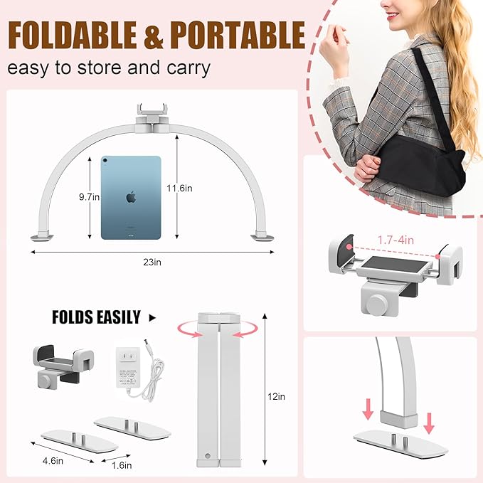 Evershop Half Moon Light for Nail Desk with Phone Holder,Portable LED Ring Light for Video Recording with Overhead Phone Mount,Nail Table Lamp for Photography,YouTube,Tiktok,Pinterest,Instagram