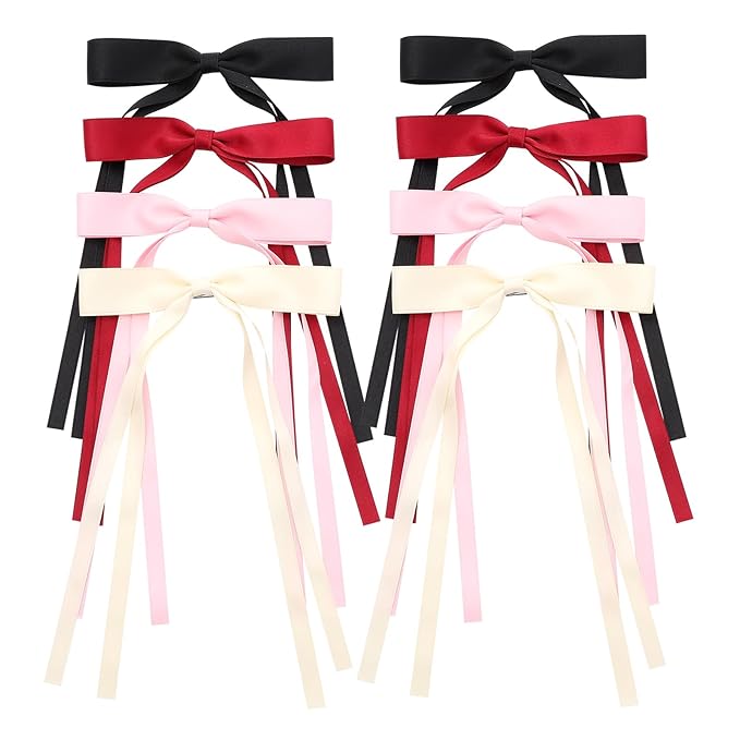 Hair Bows for Women,Ribbon Hair Bows With Long Tail,Hair bow clips Hair Barrettes for Women Accessories (Black, Beige, Pink, Red)