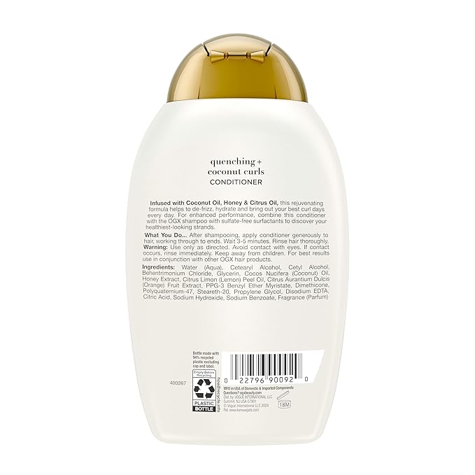 OGX Quenching + Coconut Curls Curl-Defining Conditioner, Nourishing Curly Hair Conditioner with Coconut /Citrus Oil & Honey, Paraben-Free with Sulfate-Free Surfactants, 13oz