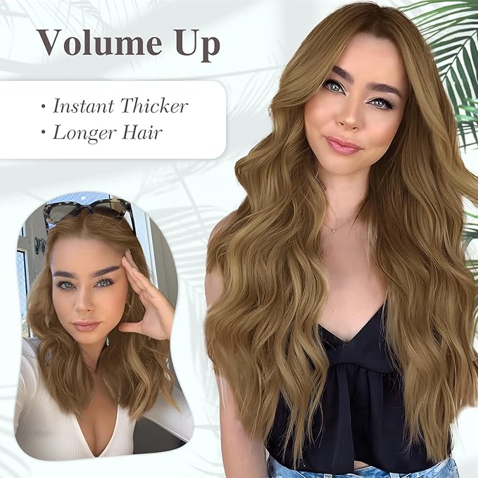 MORICA Invisible Wire Hair Extensions - 20 Inch Chestnut Brown Long Wavy Synthetic Hairpiece with Transparent Wire Adjustable Size, 4 Secure Clips for Women