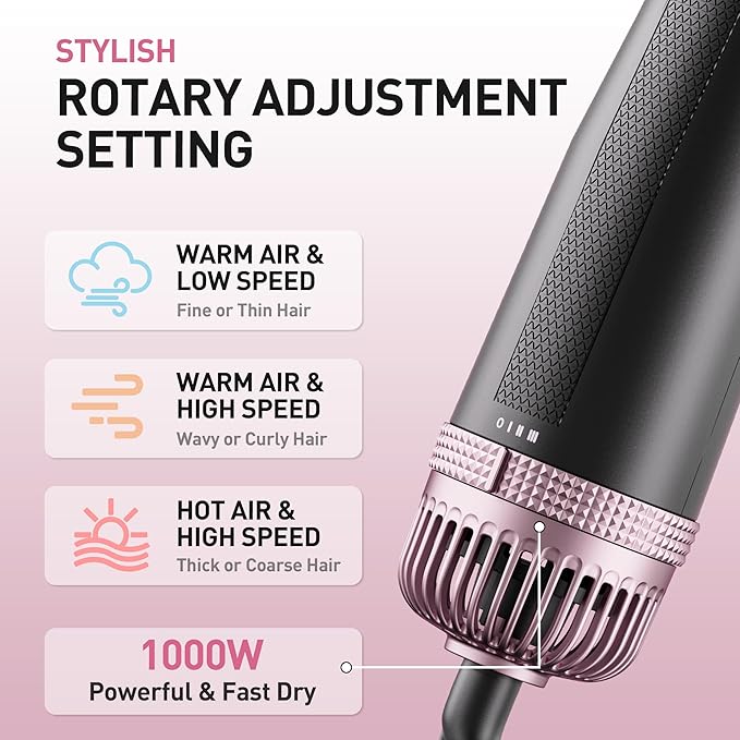 3-in-1 Rotating Hair Dryer Brush Blow Dryer with Interchangeable Heads, Hair Styling Tools for Straightening/Drying/Curling, Spinning Thermal Brush Blowout Set for Long Hair, Rose Gold