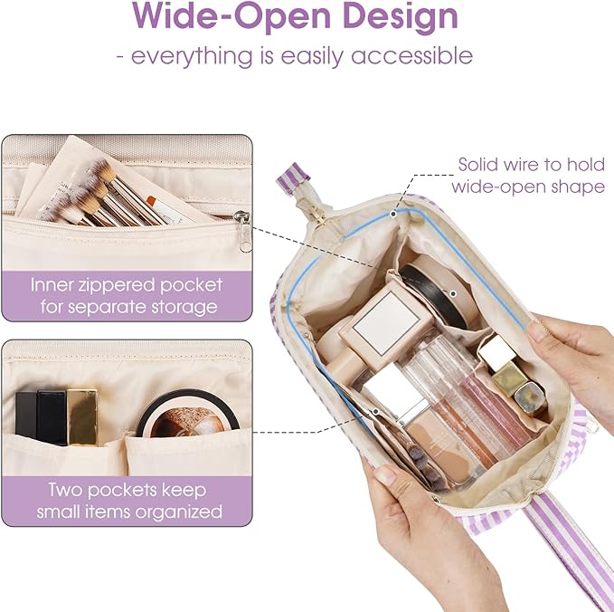 Narwey Striped Makeup Bag Women Wide-open Make up Bag Travel Cosmetic Bag Organizer Toiletry Bag for Cosmetics Toiletries Accessories (Purple Stripe)