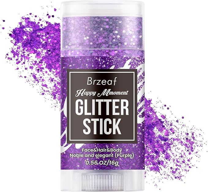 Brzeaf Waterproof Purple Glitter Stick, Not Greasy & Shimmery & Long Lasting, Chunky Glitter for Face/Body/Hair/Eyes, Singer Concert Music Rave Festival, Glitter Stick Makeup for Women Men
