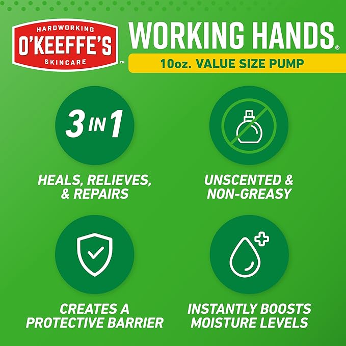 O'Keeffe's Working Hands Hand Cream in a Pumpable Jar for Extreme Dryness – 10oz Pump (1 Pack) - Repairing Skincare for Cracked, Dry Hands