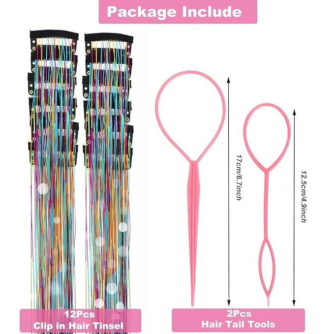12Pcs Hair Tinsel Clip in Glitter Tinsel Hair Extensions 19.6Inch Clip in Hair Tinsel Kit Heat Resistant Shiny Sparkly Fairy Hair Accessories for Women Girls Kids (Rainbow)