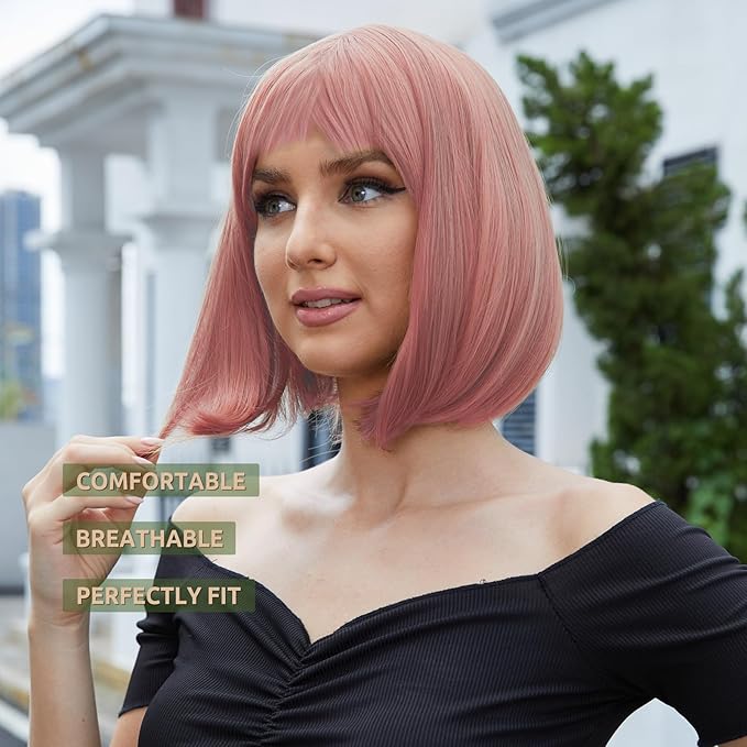 Onpep Pink Wig with Bangs Short Bob Natural Looking Wigs for Women Straight Shoulder Length Heat Resistant Synthetic Wigs