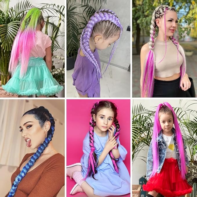 2 Pack Braid Ponytail Extension with Elastic Tie Straight Sleek Wrap Around Braid Ponytail Green Pink Gradient 26 Inch (Green/Rose Pink/Light Pink#)