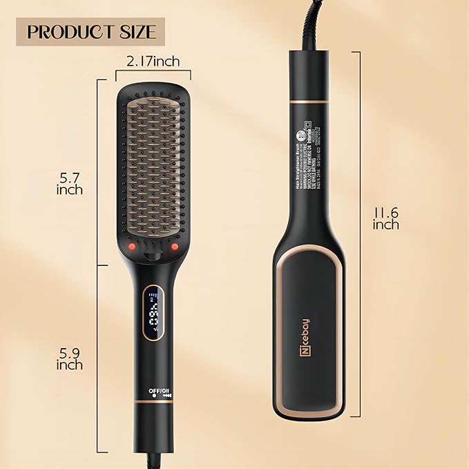 Nicebay Hair Straightener Brush with Rotatable Temperature Adjustment, 6 Temp Settings, Auto-Off, LED Display, Effective Hair Care for Women, Ceramic Heater Surface Material, Black & Gold