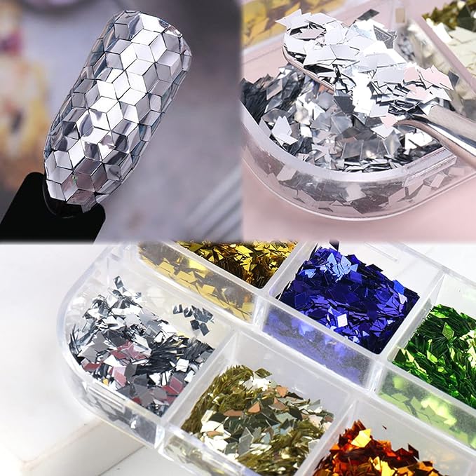 3D Sparkly Glitter Sequins, Holographic Rhombus Shape Glitters Nail Flakes, 12 Colors Rhombus Nail Art Glitter Design for Women, DIY Shiny Fingernail Crafts Decorations