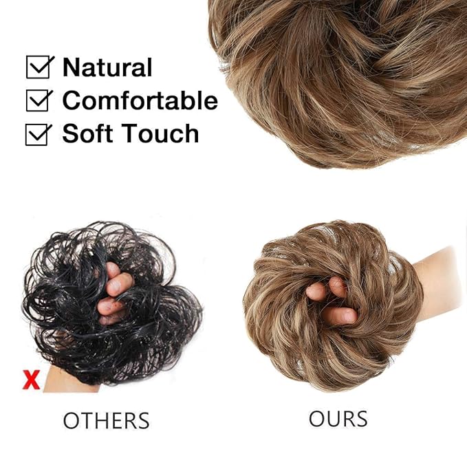 MORICA 2PCS Messy Hair Bun Extensions Curly Wavy Messy Synthetic Chignon Hairpiece Scrunchie Scrunchy Updo Hairpiece for women(Light Golden Brown & Pale Golden Blonde)