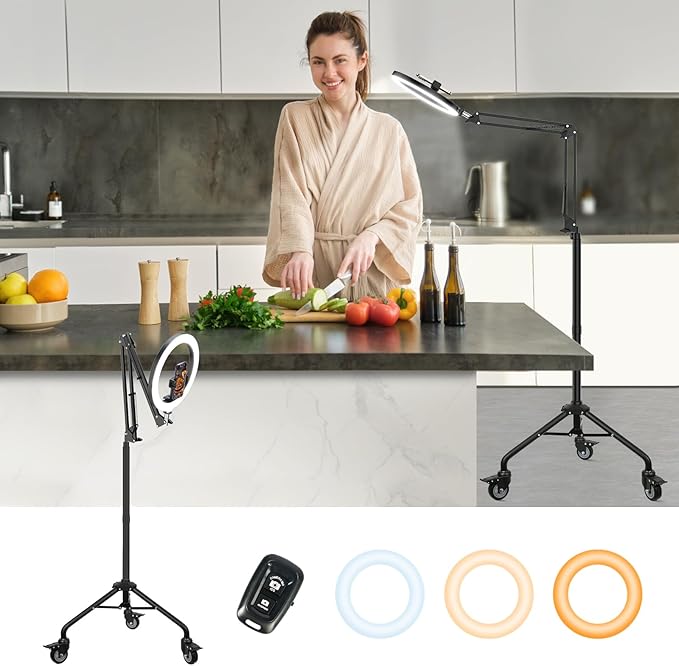 LUXSURE Ring Light Tripod for iPhone, Overhead Phone/Camera Mount with Casters,LED Ring Light with Stand and Phone Holder,Phone Tripod with Light for Video Recording/Live Streaming/Cooking