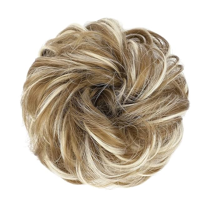 MORICA 1PCS Messy Hair Bun Hair Scrunchies Extension Curly Wavy Messy Bun Hair Synthetic Chignon Hairpieces for Women(12AH613(Light Golden Brown & Lightest Blonde))