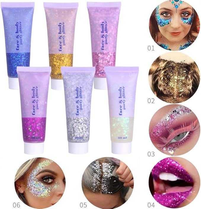 2 Color Body Glitter Gel, Neon Outfit Glow Party for Face and Body Hair Face Nail Glitter Stick Highlighter Makeup. (01-Blue&04-Rose)