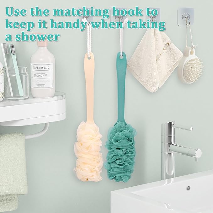 2Pack Back Scrubber for Shower Loofah with Long Handle, Shower Brush for Body, 17″ Loofah on a Stick for Men Women Bathing Accessories, Scrubber Sponge for Exfoliating Bath Brushes (Beige & Green)