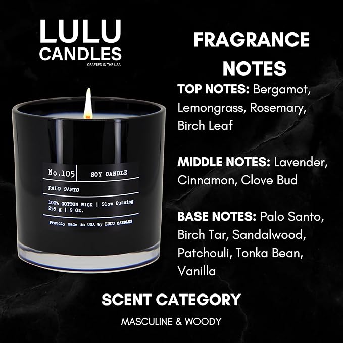 Lulu Candles | Palo Santo | Luxury Scented Soy Jar Candle | Hand Poured in The USA | Highly Scented Candles for Home Fragrance & Decor (9 Oz.)