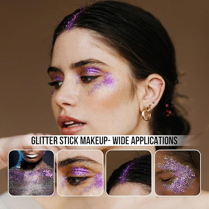 Brzeaf Waterproof Purple Glitter Stick, Not Greasy & Shimmery & Long Lasting, Chunky Glitter for Face/Body/Hair/Eyes, Singer Concert Music Rave Festival, Glitter Stick Makeup for Women Men