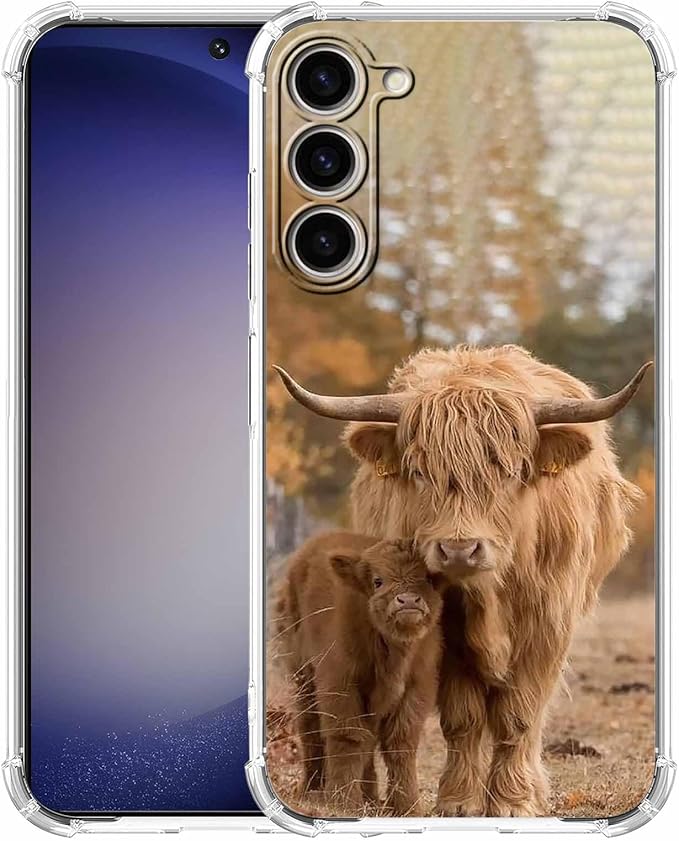 for Samsung Galaxy S23 Case with Cow Design,Cute Highland Cattle Family Pattern,Clear Slim Soft TPU Bumper Case,6.1”(Cow,S23)