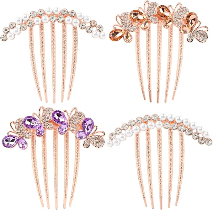 4 Pcs Pearl Rhinestones Hair Accessories, Pearl Hair Side Combs Clip Crystal Rhinestone Hair Combs for Women and Girls, Decorative Combs for Wedding Party Daily (Rose Gold)