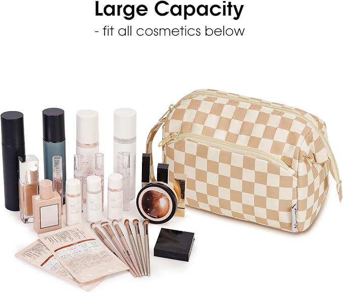 Narwey Large Checkered Makeup Bag Women Wide-open Make up Bag Travel Cosmetic Bag Organizer Toiletry Bag for Cosmetics Toiletries Accessories (Light Checkerboard)