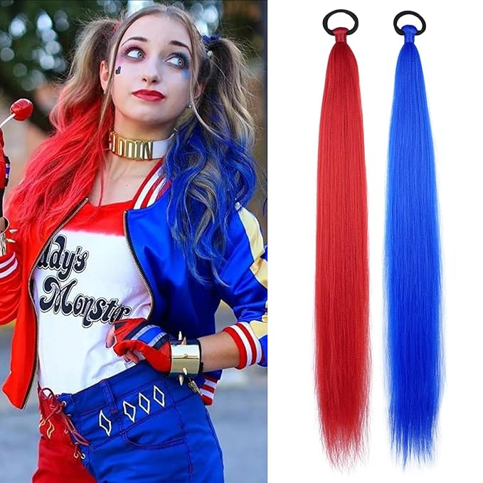 2 Pack Braid Ponytail Extension with Elastic Tie Straight Sleek Wrap Around Braid in Extensions Red Blue Contrast 26 Inch Hair Braid Extensions Ponytail for Girls(Red/Blue#)