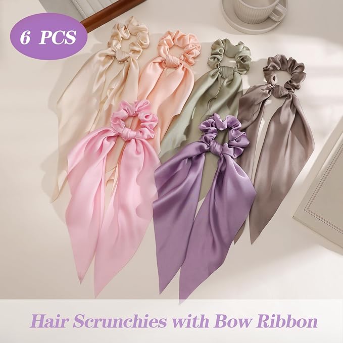 6 PCS Bow Silk Scrunchies, Hair Ties with Bows, Hair Scrunchies for Women Girls, Knotted Bow Silk Hair Ties, Satin Hair Ribbon Scrunchy Elastic Hair Ties Accessories Valentine's Day Gifts Holiday
