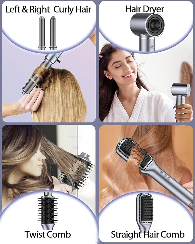 5 in 1 Hot air Blow Dryer Brush Hair Dryer Curling Wand Volumizing Brush Straightening Brush Blow Dryer Brush - Rapid Drying, Volume Boost, Ionic Smoothing, 110k RPM Motor(Steel Blue)
