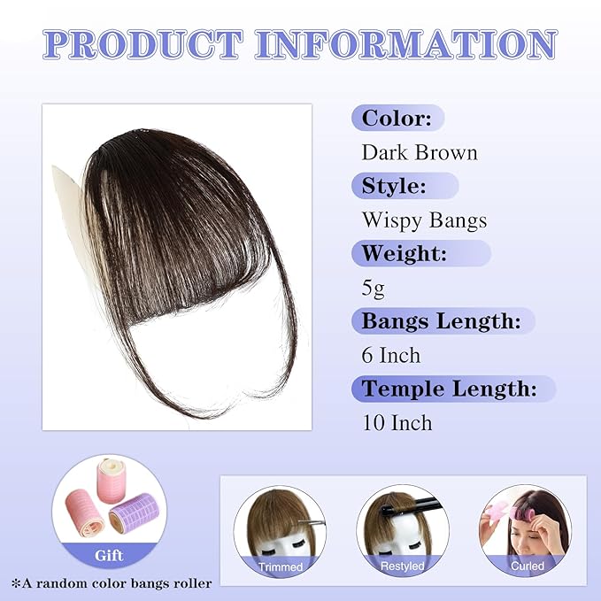 NAYOO Bnags Hair Clip- Dark Brown Fake Bangs 100% Real Human Hair Extensions Wispy Bangs for Women Fringe with Temples Hairpieces Curved Bangs for Daily Wear(Dark Brown Wispy Bangs)