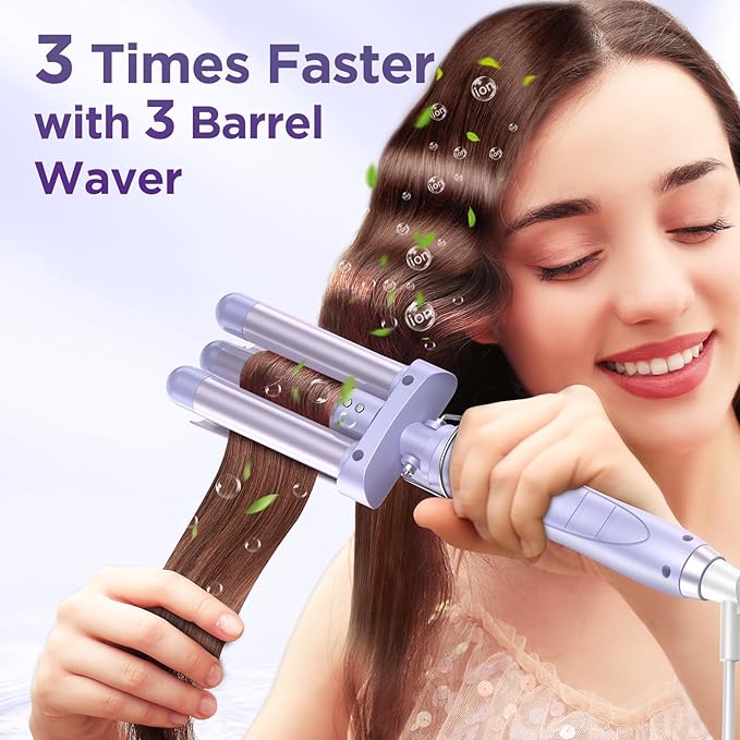 5 in 1 Wand Curling Iron-Curling Wand Set with Hair Straightener, 3 Barrels Hair Crimper Iron, 3 Ceramic Curling Irons (0.35 "-1.25"), 2 Temps Fast Heat Hair Curler Waver with Glove & Clip-Purple