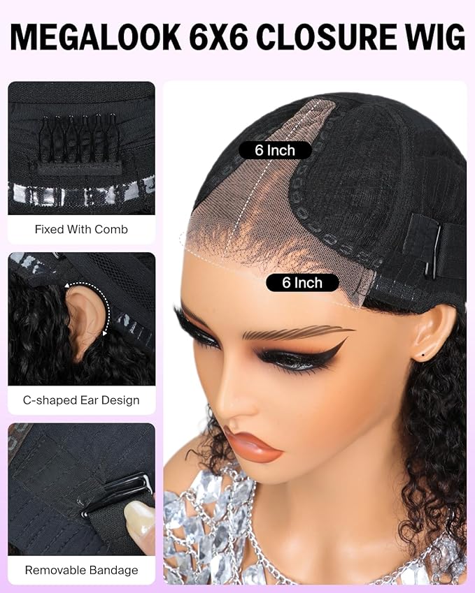 6x6 Curly Bob Wig Human Hair Glueless Curly Wig Pre Cut HD Lace Closure Bob Wig Glueless Wig Pre Plucked Bleached Knots 14 Inch