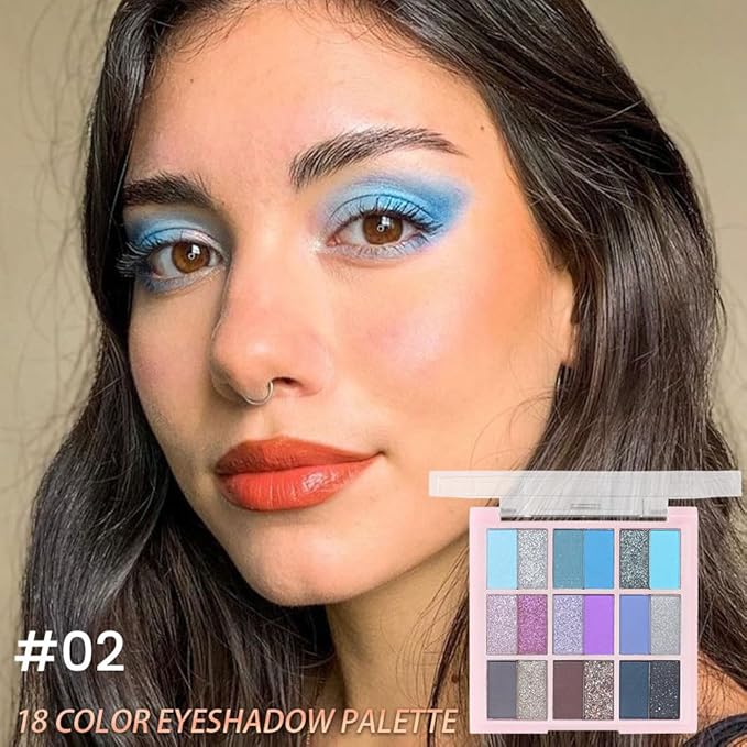 18Colors Blue Purple Gray Colorful Eyeshadow Palette Makeup,Light Blue Glitter Sparkly Highly Pigmented Smoked Eye Shadow Long Lasting Waterproof Naturing-Looking Blendable for Beginners
