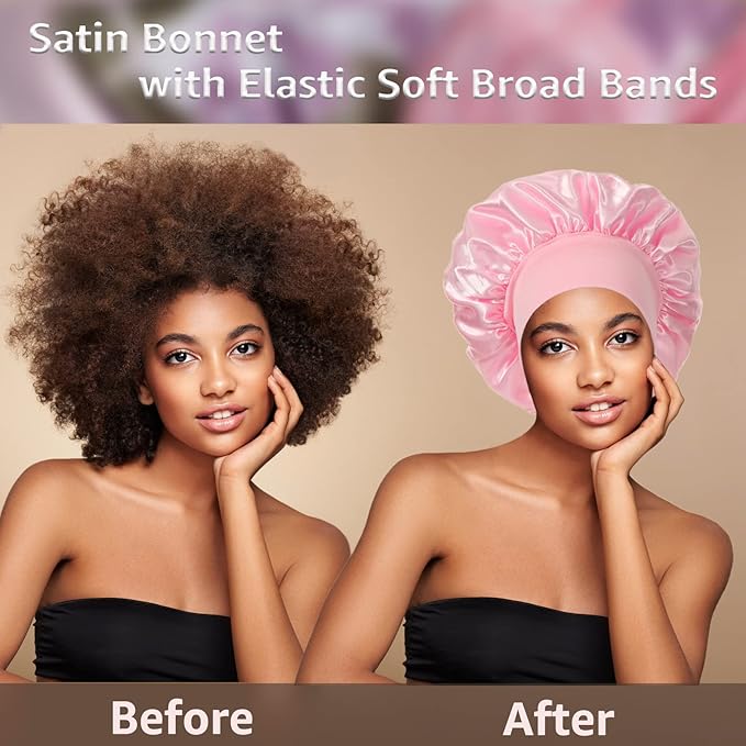 3 Pack Satin Bonnet Silk Hair Bonnet for Sleeping, Sleep Bonnets for Women Large Wide Soft Band Sleep Cap for Curly Hair Braids